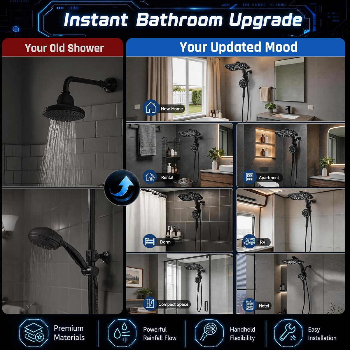 Veken 3 Way Rain Shower Set with Magnetic Mount – Designer Chrome Hardware for Elegant Master Bathroom Retreats