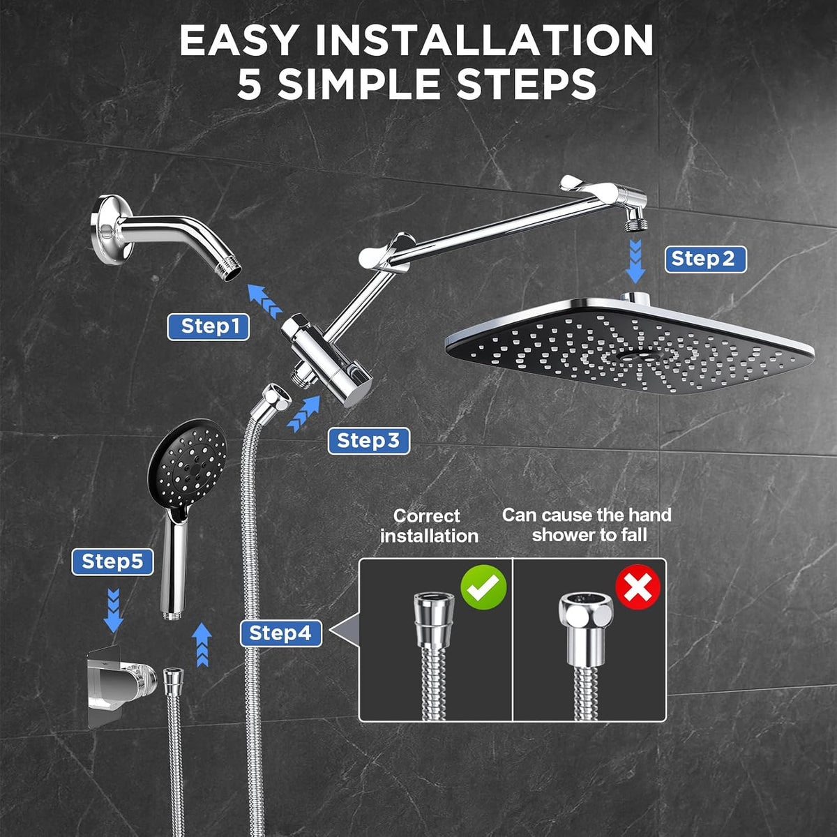 Veken Adjustable Rain Shower with Extension Arm, Useful Birthday Gift for Tall Family Members and Multi-Gen Households