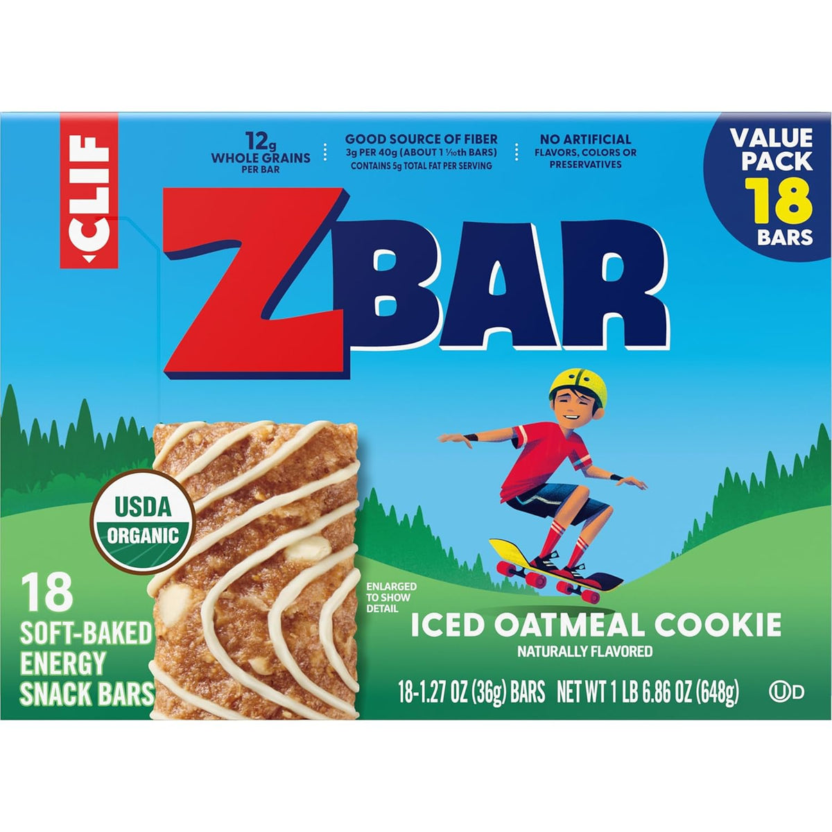 Zbar Iced Oatmeal Cookie – After-School Energy Boost Before Homework and Practice, 12g Whole Grains Granola Bars (18 Pack)