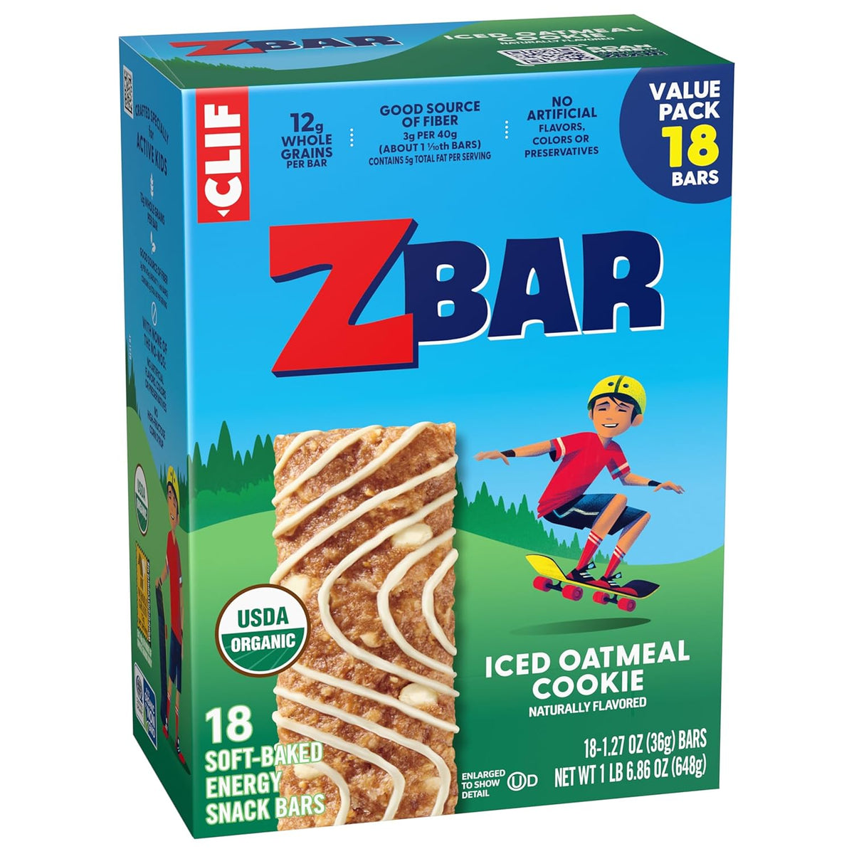 Zbar Iced Oatmeal Cookie – After-School Energy Boost Before Homework and Practice, 12g Whole Grains Granola Bars (18 Pack)