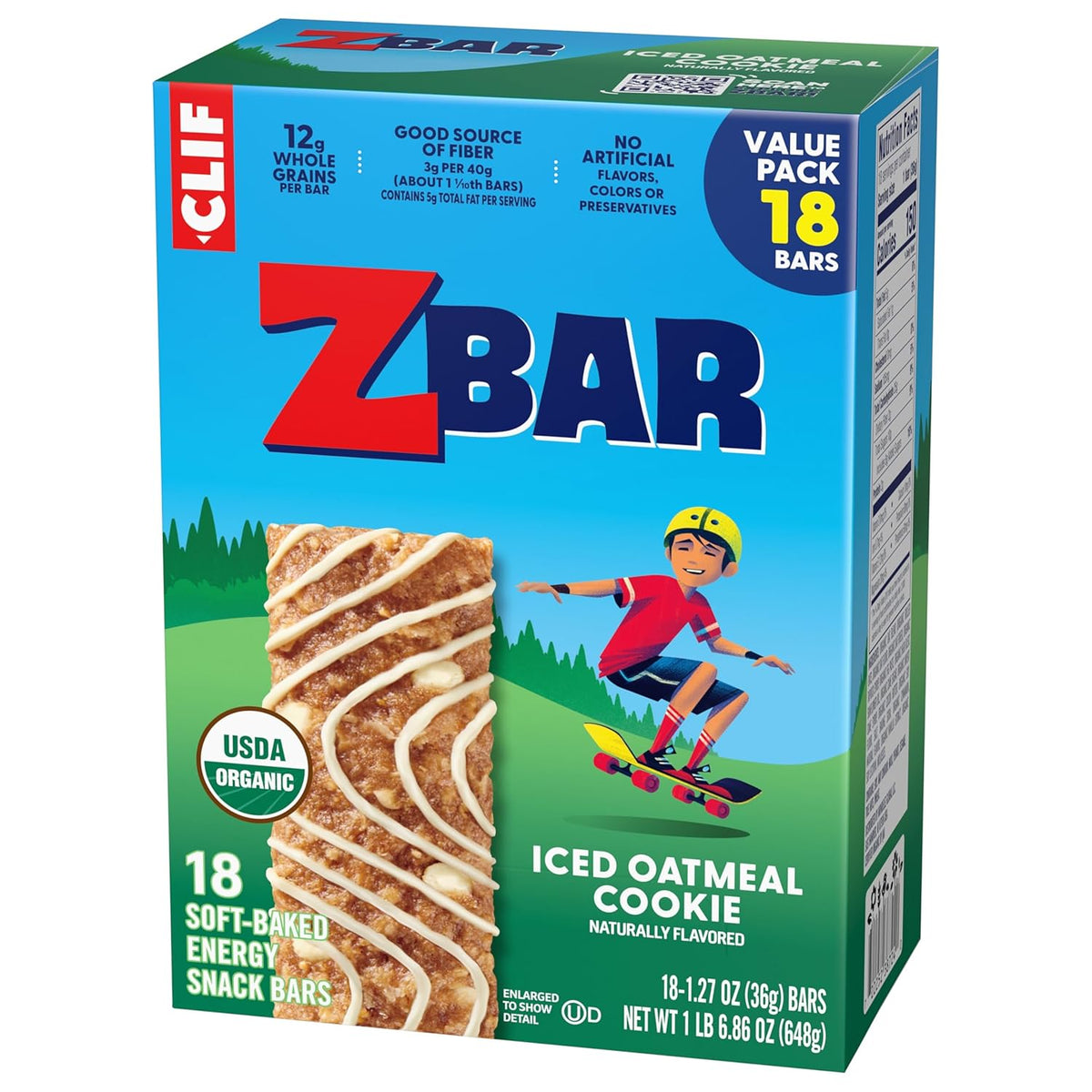 Zbar Iced Oatmeal Cookie – After-School Energy Boost Before Homework and Practice, 12g Whole Grains Granola Bars (18 Pack)